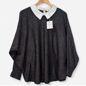 Sioni Black Sparkly Dolman Sweater with White Collar Size 2X NWT